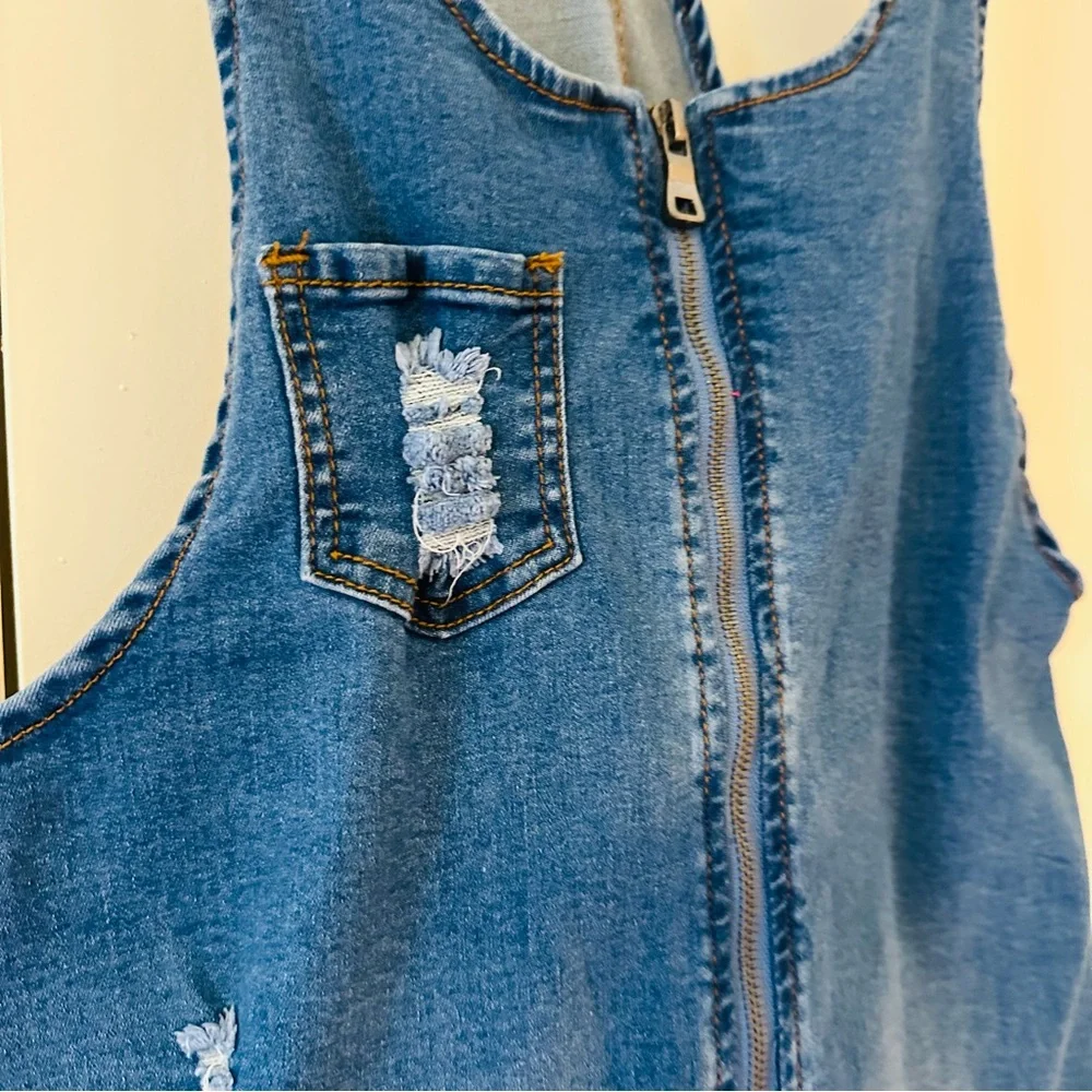 Denim Jumper Dress - Juniors Size Large- Zipper Front/ Distressed Blue Stretchy - Picture 7 of 15